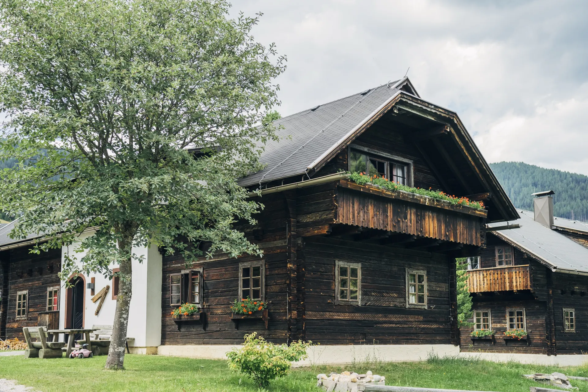 Holzhaus mit Blumenbalkon unter einem großen Baum im Sommer
