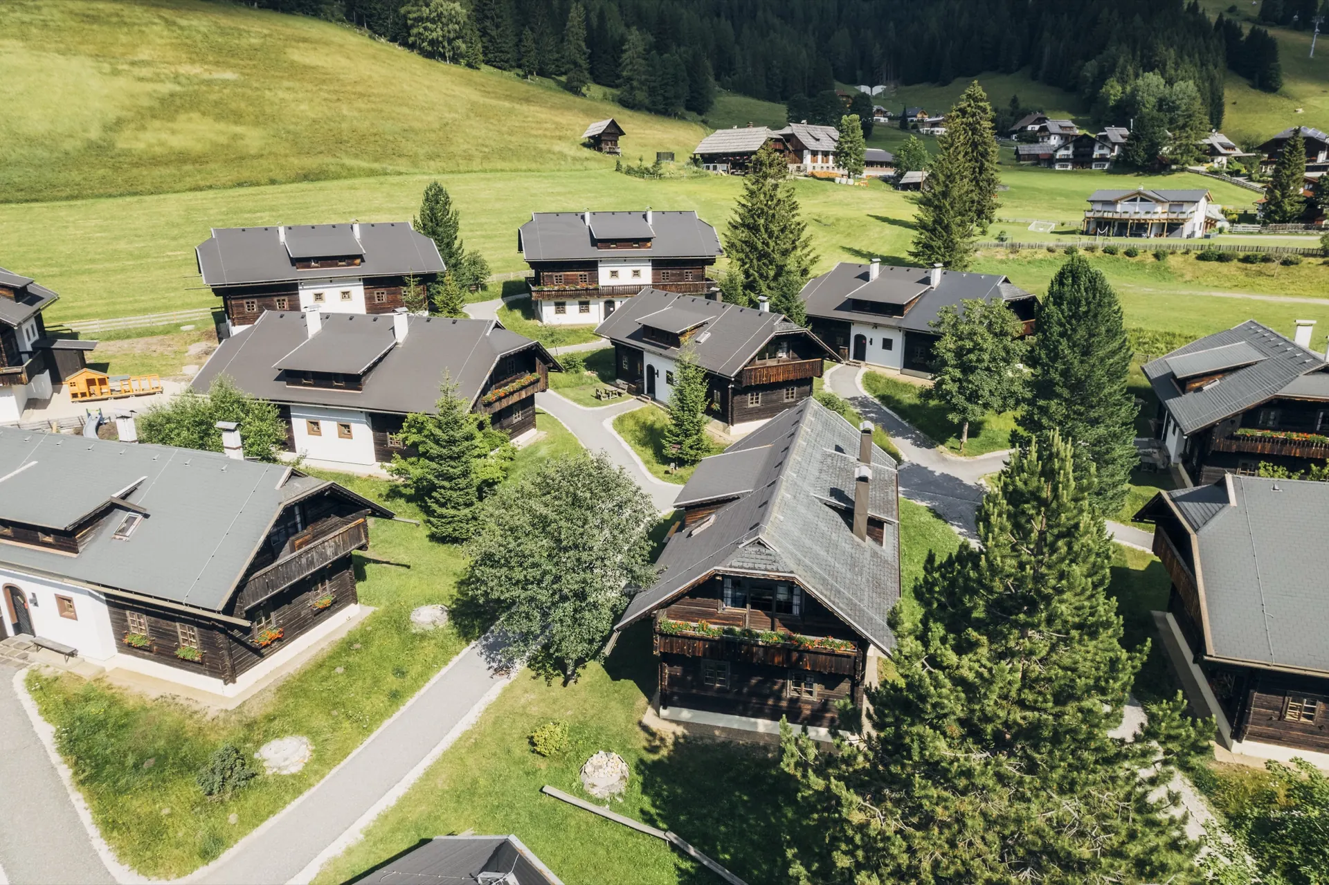 Häuser und Wiesen von oben