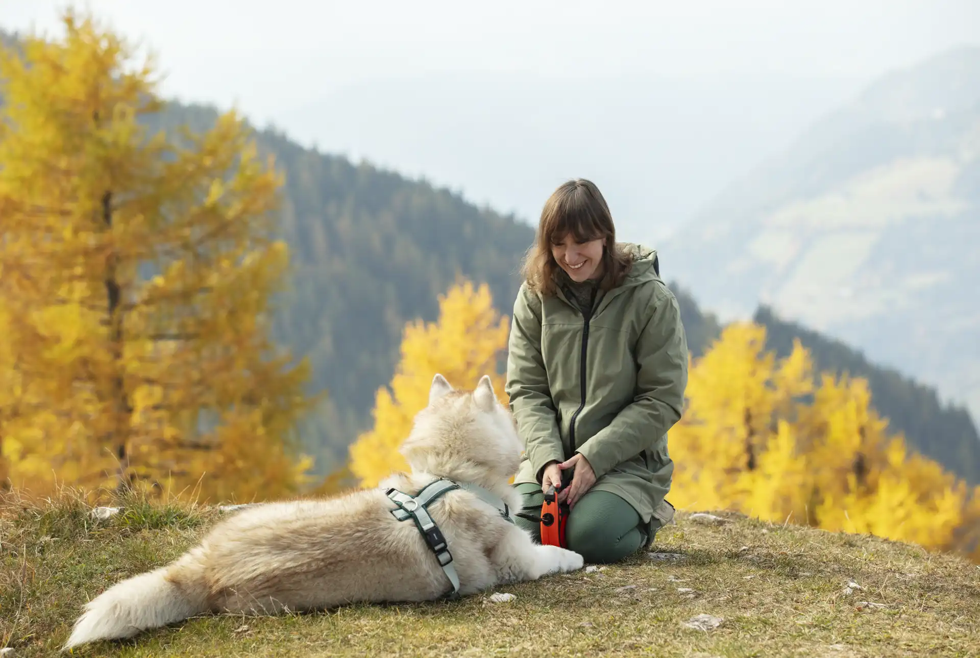 Urlaub mit Hund, Frau mit Husky in den herbstlichen Nockbergen