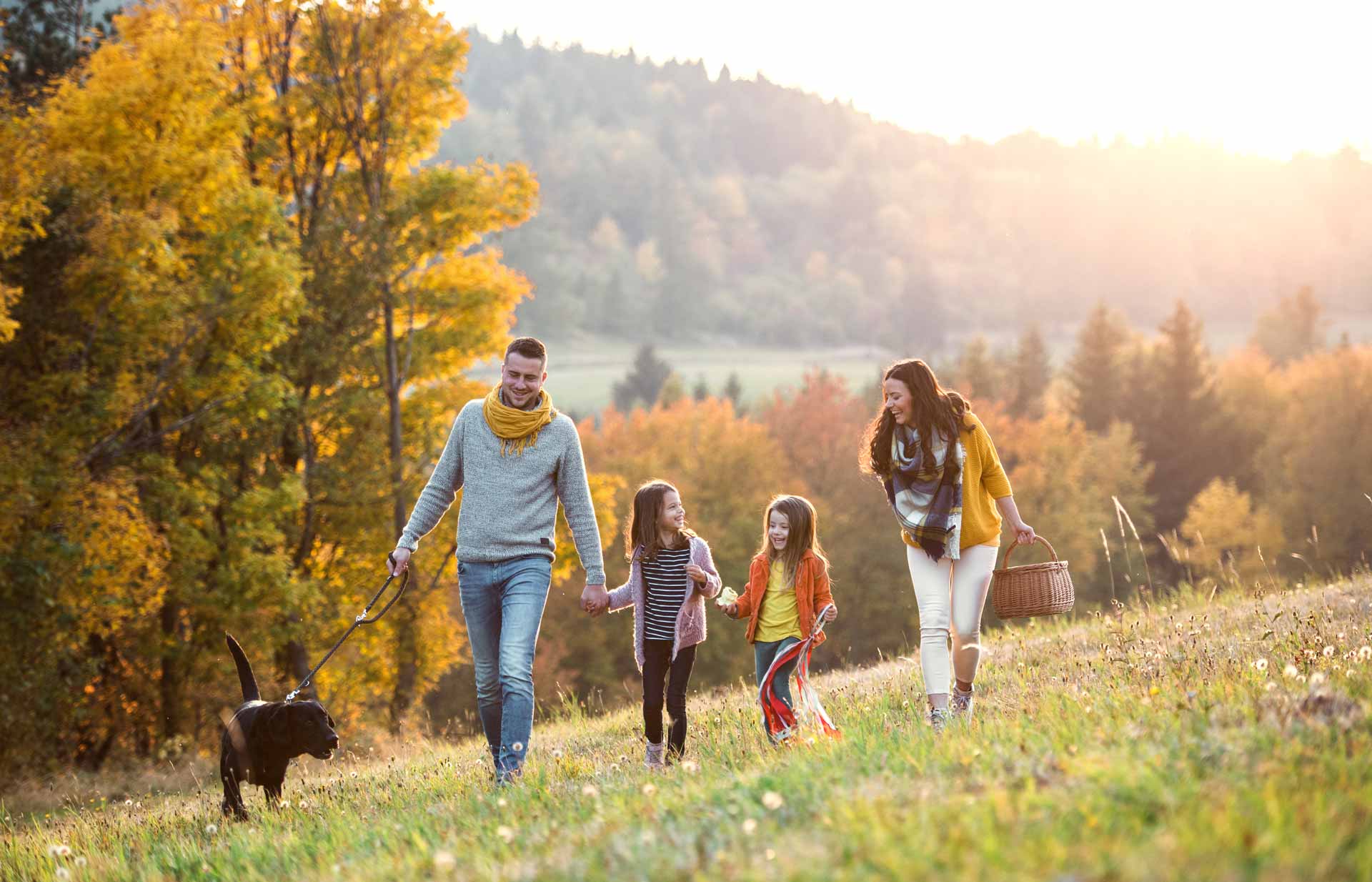 Familie genießt die Herbstauszeit in Kärnten, wandert über eine Wiese mit goldgelb verfärbten Bäumen im Hintergrund.